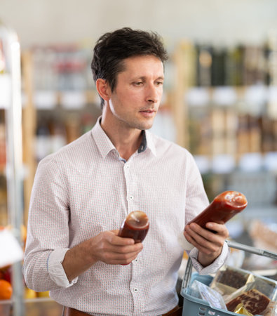Man in light shirt choose and buy ketchup in storeの写真素材