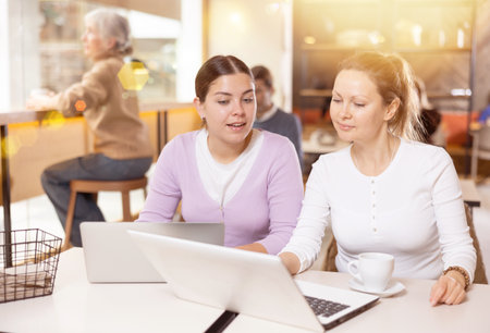 Two young women sitting at table, using laptop and enjoing cup of tea in coffee house. Modern female lifestyle conceptの写真素材