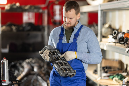 Man professional auto mechanic repairing car engine in garageの写真素材