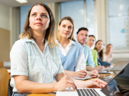 University students in advanced training courses in auditoriumの写真素材