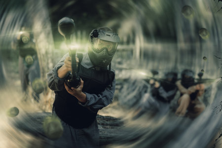 Woman targeting and shooting with paintball gunの写真素材