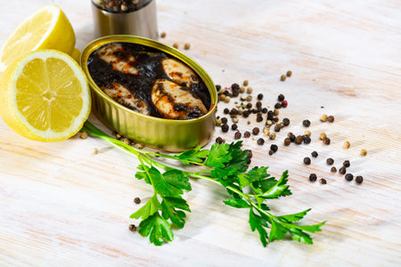 Marinated chipirones in ink with greens and lemonの写真素材