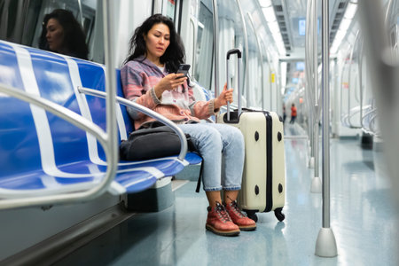 Woman passenger using phone in subway car