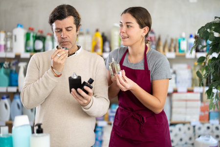 Saleswoman offers man to buy fragrant perfume in supermarketの写真素材