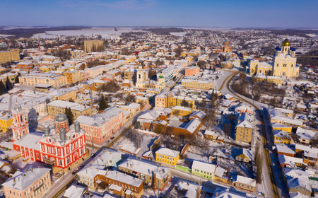 Aerial view of Church of Archangel Michael and Ascension Cathedral in Yeletsの写真素材
