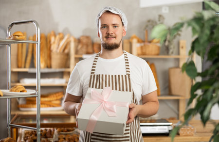 Man entrepreneur owner of bakery holds out cardboard box with pastries in handの写真素材