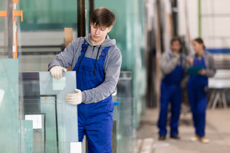 Guy glazer employee in blue overall works in glass processing shopの写真素材