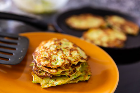 Pancakes from courgettes is tasty vegeterian dish closeupの写真素材