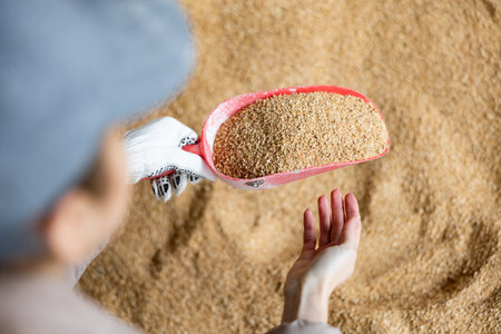 Young woman using a scoop to collect soy husks in an animal feed warehouseの写真素材