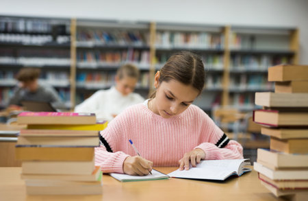 Young girl doing homework in libraryの写真素材