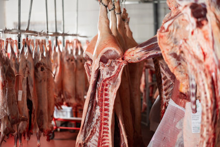 Raw carcasses of beef, pork and lambs hanging in butcheryの写真素材
