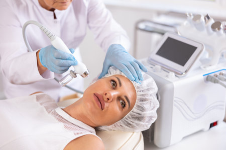 Young woman undergoing facial skin therapy using airbrush wuth atomized nutrientsの写真素材