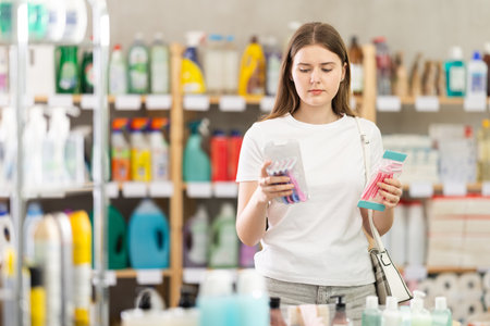 Girl carefully selects razor for shaving in household goods department of supermarketの写真素材