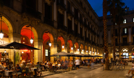 View of well-known Placa Reial square with its popular restaurants and nightclubsのeditorial素材