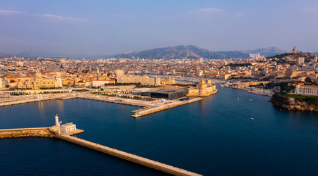 Aerial view of seaside areas of Marseille with Fort Saint-Jean and Old portの写真素材