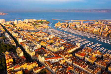 View from drone to Mediterranean seascape with yachts in marina of Marseilleの写真素材