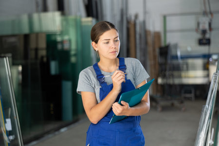 Female technician inspecting glass panels and writing notes in workshop