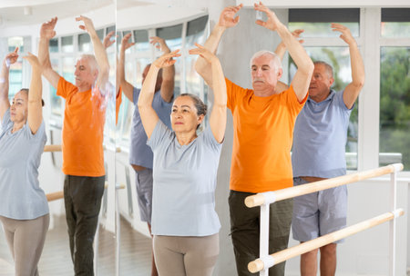 Elderly women and men, not professionals, stand in fifth position near ballet barre during group training in dance studioの写真素材