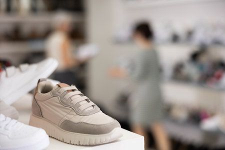 Sneakers displayed on shelf in shoe storeの写真素材