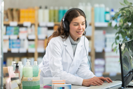 Female pharmacist in headphones with microphone consults patient on Internetの写真素材