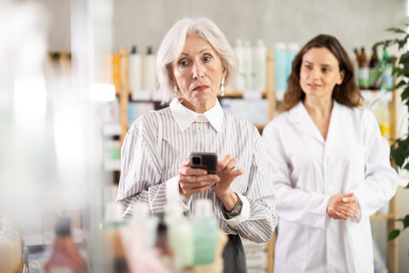 elderly woman stands in a pharmacy against the background of a pharmacistの写真素材