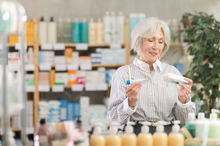 Elderly woman chooses ointment at pharmacyの写真素材