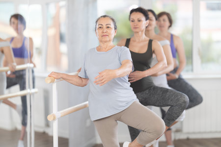 Group of female beginners performing at barreの写真素材