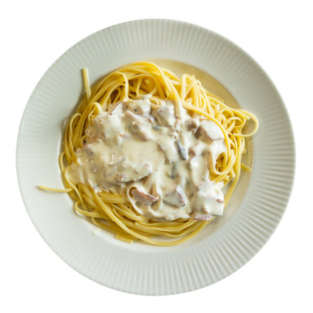 Pasta carbonara - boiled long spaghetti with thick sauce based on cream and fried baconの写真素材