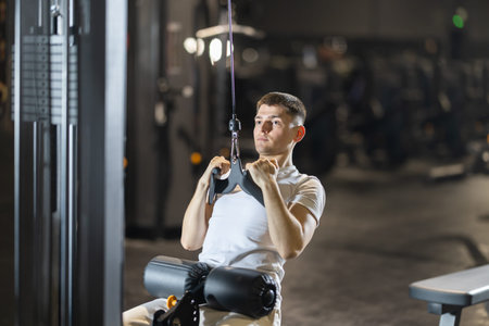 During training session in mini group of athletes, man exercises on cable crossover machine