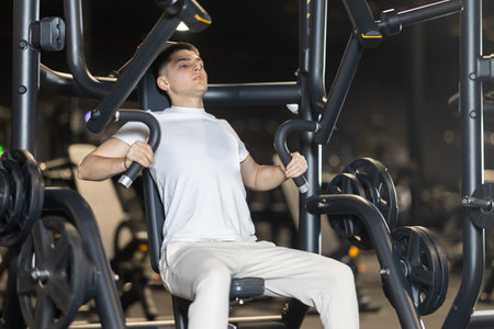 In gym, man uses chest press machine to strengthen arm muscles
