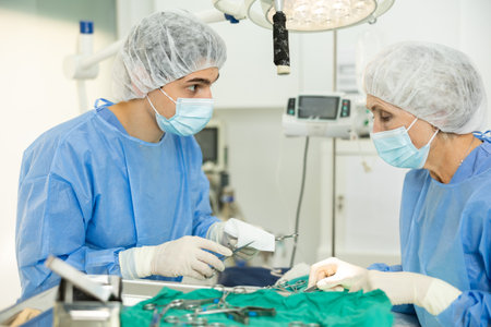 Senior woman doctor of veterinary medicine is focused performs surgery on animal.の写真素材