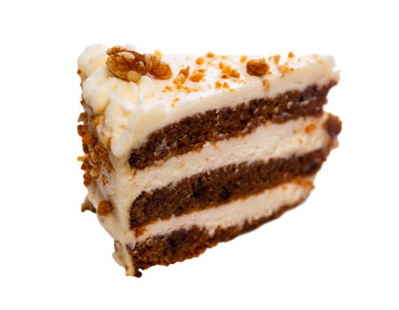 Small triangular piece of carrot cake is on plate