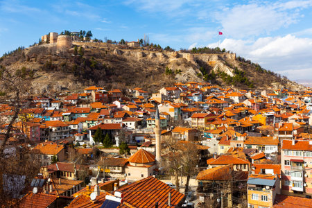Kutahya cityscape and hill with ruined Byzantine castle, Turkey