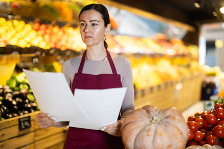 Supermarket female employee checks the quantity of vegetables and tomatoes according to documentsの写真素材