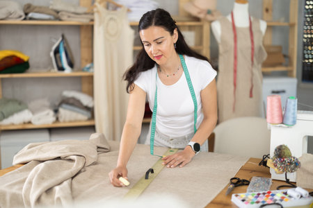 Woman tailor draws dress pattern of product on paper