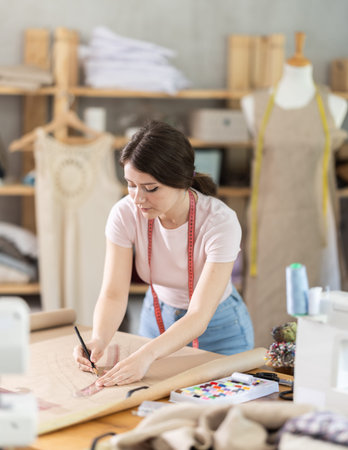 Girl tailor draws pattern on a sheet of paper in sewing workshop