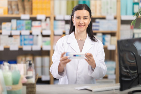 Woman consultant sells ointment for joint painの写真素材