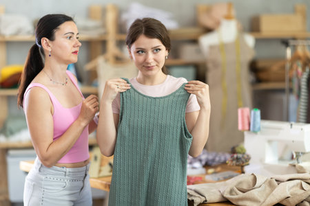 Girl customer examines finished product in presence of female tailor