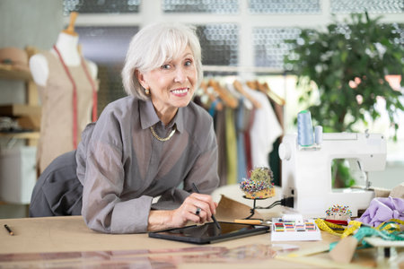 Positive mature female dressmaker drawing in tablet in sewing workshopの写真素材