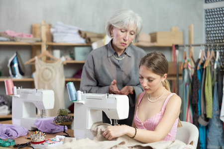 Mature woman instructing young tailoress sitting at in sewing-machine