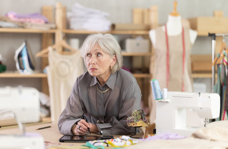 Mature dressmaker drawing sketch on tabletの写真素材