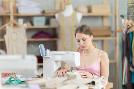 Young female dressmaker working with sewing-machine in tailors workshopの写真素材