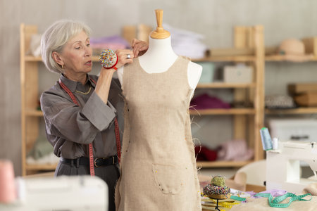 Woman seamstress adjusts clothes on mannequinの写真素材