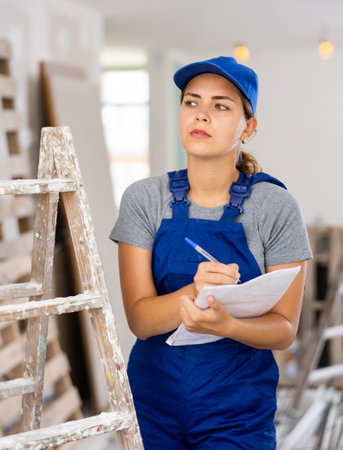 Woman in blue overalls checking completed construction work on drawingの写真素材