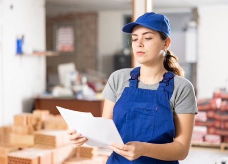 Female foreman making task list in building under constructionの写真素材