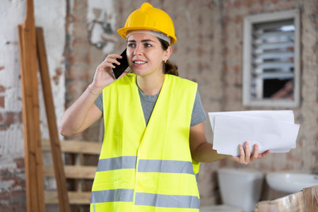 Disappointed woman builder talking on phone about project documentationの写真素材