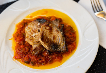 Tuna fish served with samfaina sauceの写真素材