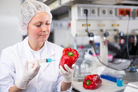 Middle-aged female scientist checking vegetables for harmful elements, injecting syringe into bell pepper in laboratoryの写真素材