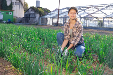 Young woman harvesting onions in field