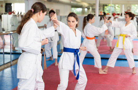 Womens working in pair mastering new karate moves during group classの写真素材